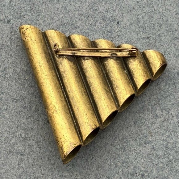 Brass Pin Brooch Tubes Triangle Red Oval Rhinestone 80s Retro MCM Vintage Granny - Picture 5 of 6